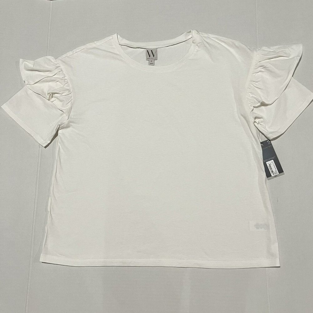 Worthington Womens Polar Bear Ruffle Short-Sleeve Shirt,Size XL